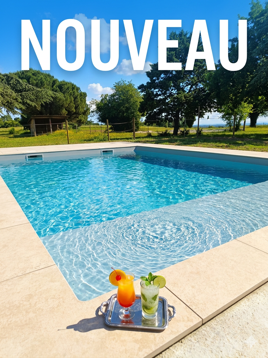 Two cocktails on a tray by a clear, blue swimming pool with green trees in the background